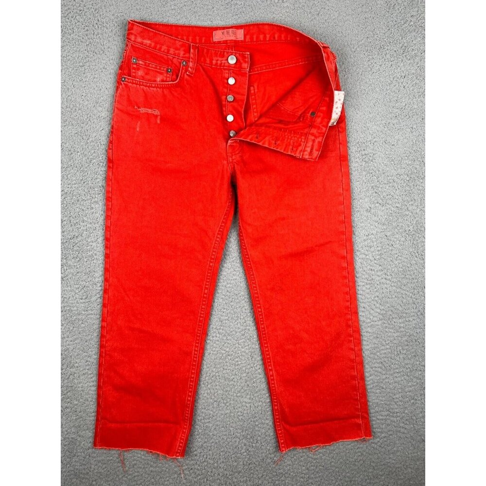 We the Free Jeans Women 28 Cropped Hot Lava Red Frayed Hem Button Fly Straight